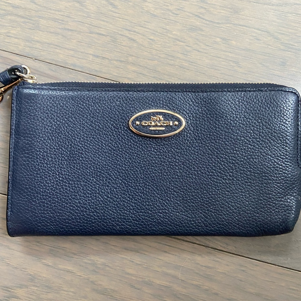Coach Refined Grain Leather L Zip Wristlet Wallet Navy Blue Gold